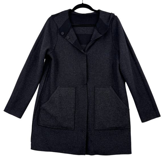 Eileen Fisher Jacket XS Black Gray Stripe Merino Wool Reversible Hooded Snaps - Picture 7 of 11